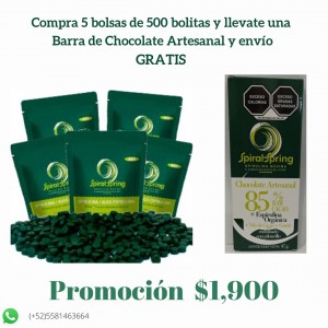 Promoción espirulina kit  5 Bolsas, Barra de chocolate y envío gratis